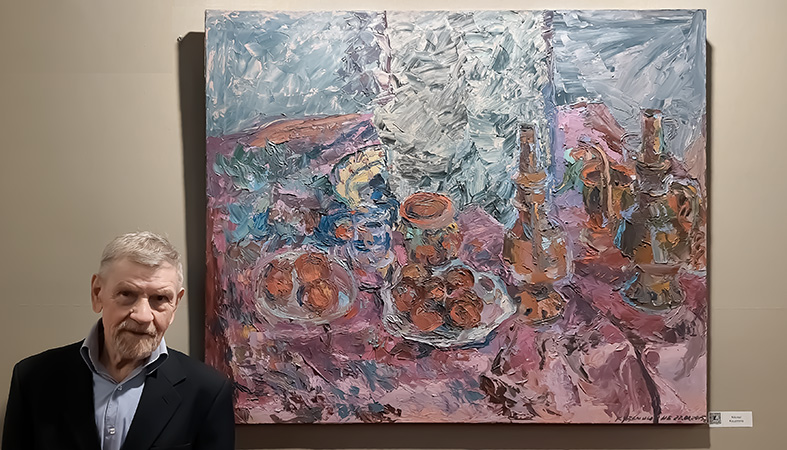 Nikolai Kuzmin at the Comparisons annual exhibition 2023 (Art Capital 2023), at ephemeral Grand Palais, Paris, next to his painting: Still life, O/C, H 100 x W 120 cm (H39.4&rdquo;xW47.2&rdquo;), 2015